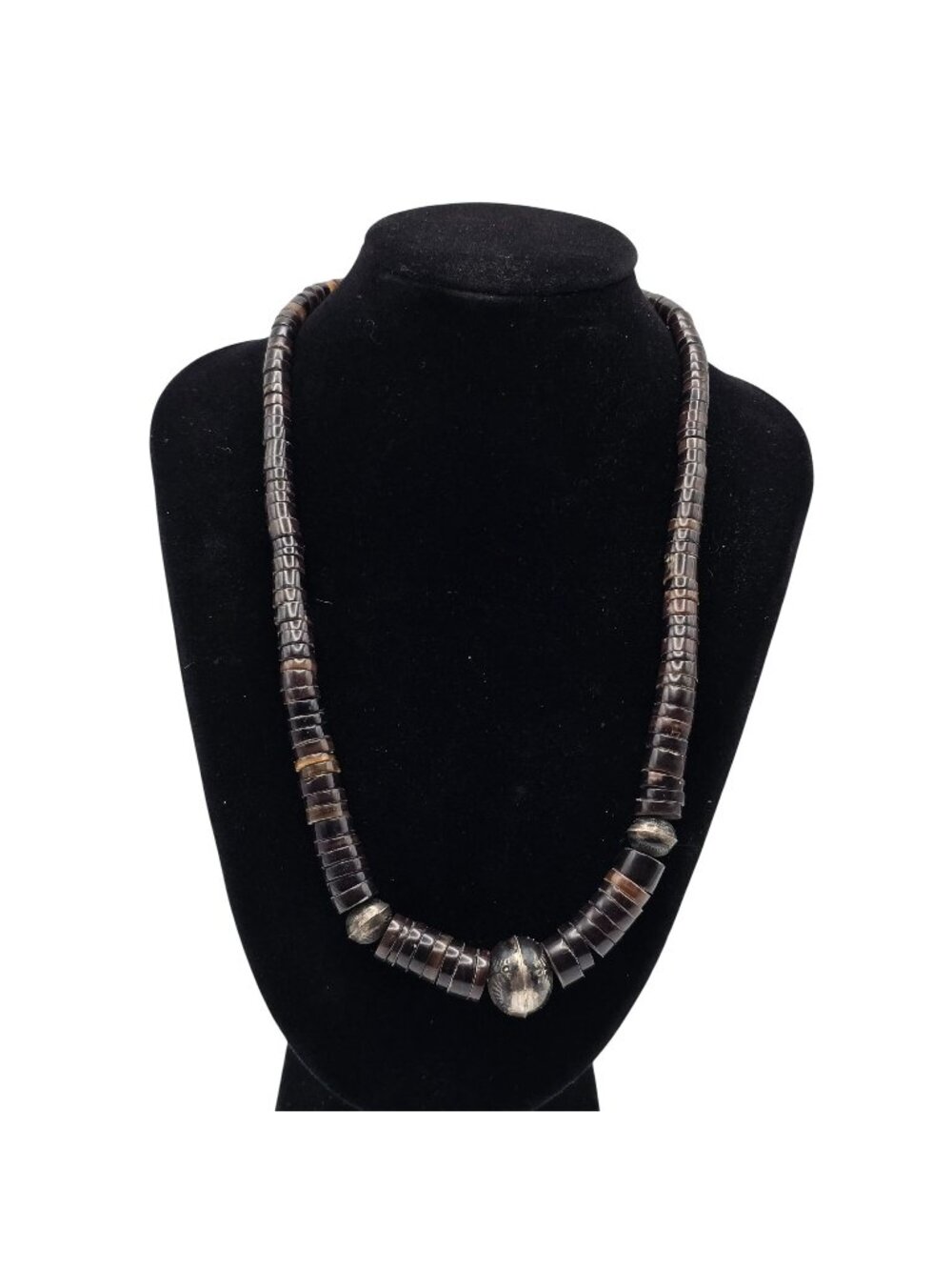 Vintage Black Disc Bead Necklace Silver Barrel Clasp 18” Tribal Boho